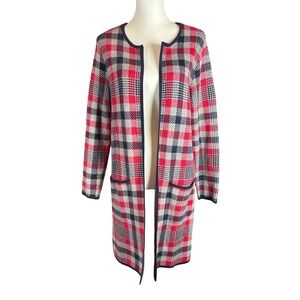 Academia Jones New York Signature Women Red Plaid Longline Cardigan Sweater S